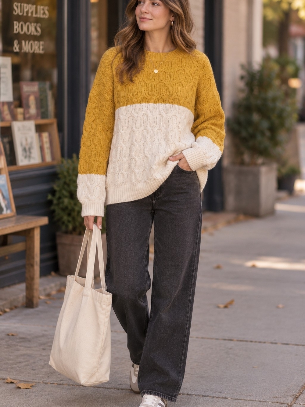 Mustard Cream Cable Knit Colorblock Sweater Cozy Fall Preppy M